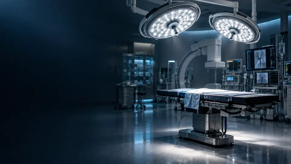 Modern operating theatre lit by two ceiling-mounted LED surgical lights